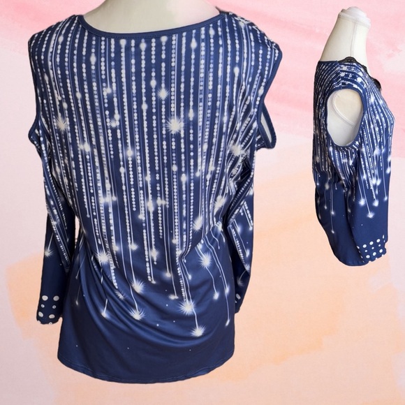 Blue and White Embellished Cut Out Blouse - Picture 7 of 8